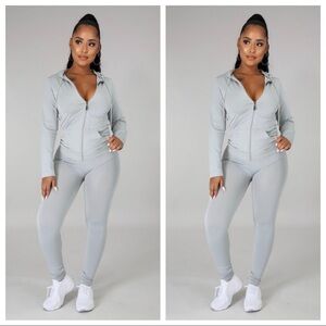 NEW FALL TRENDY GRAY FITTED TWO PIECE ACTIVE ZIP HOODIE LEGGING SET